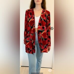 ALIKI YAMANI CREATIONS | Silk Lux Funky Devore Art 3/4 Velvet Red Open Jacket